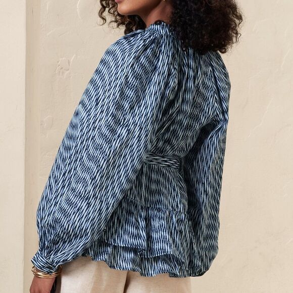 Banana Republic Factory Navy and Light Blue Ikat  Long Sleeve Peplum Blouse - Picture 2 of 11